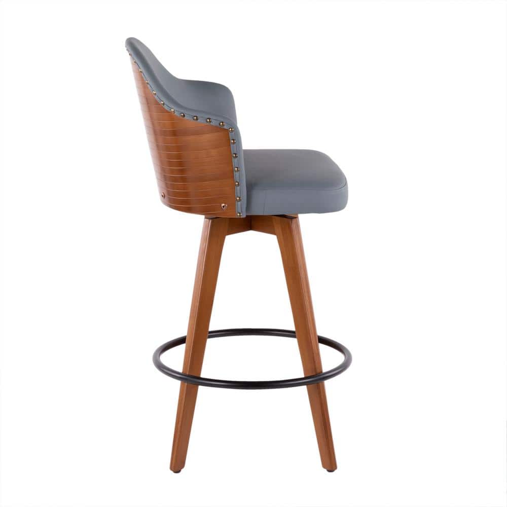 Modern Grey Swivel Counter Stool with Walnut Wood Frame