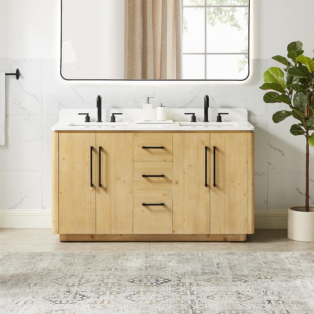 Serene 60 in. Double Freestanding Nature Brown Bath Vanity with Grain White Engineered Stone Top Assembled price history on PriceWatchPro