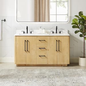 Serene 60 in. Double Freestanding Nature Brown Bath Vanity with Grain White Engineered Stone Top Assembled