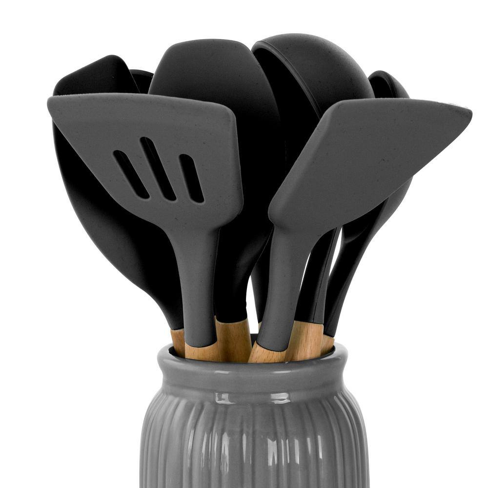 Gray Silicone and Wood 9-Piece Cooking Utensil Set