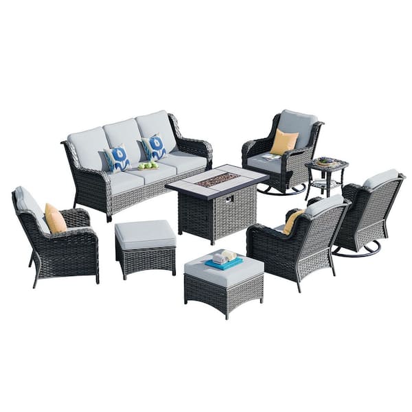 Joyoung Gray 9-Piece Wicker Patio Rectangle Fire Pit Conversation Set with Gray Cushions and Swivel Chairs