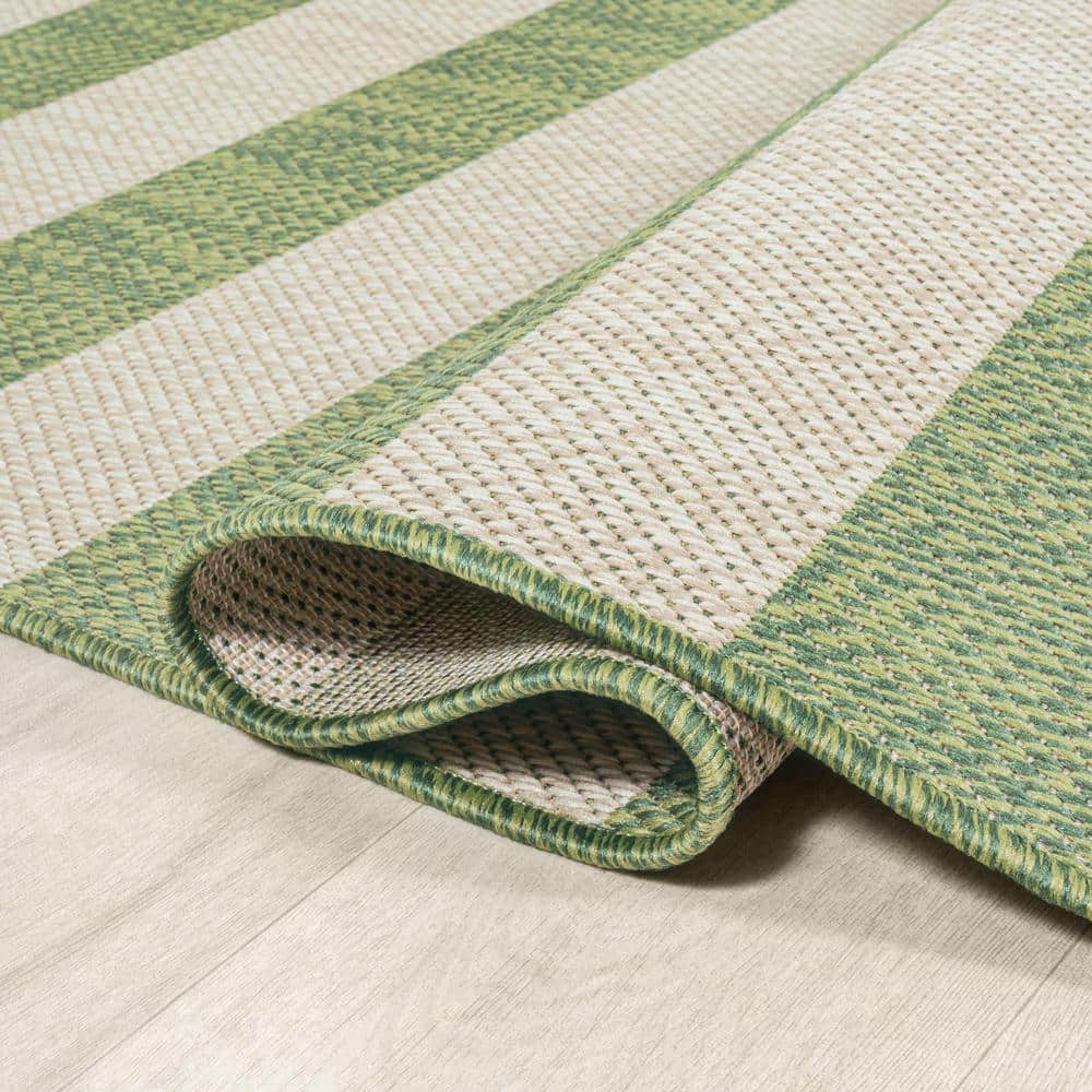 Ivory and Green Wide Stripe 5x8 Synthetic Area Rug