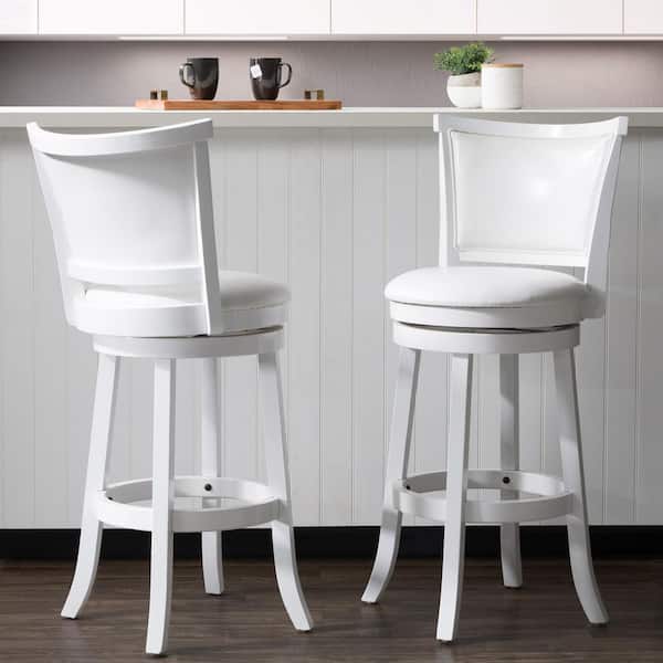 Woodgrove 29 in. White Wood Swivel Bar Stools with White Leatherette Seat and Backrest (Set of 2)