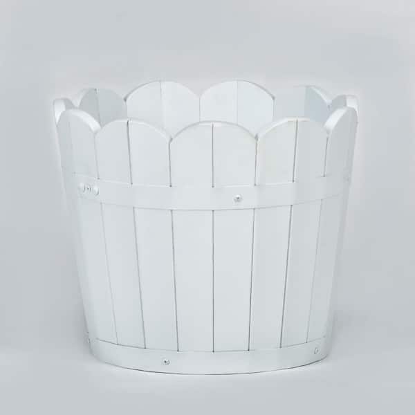 Unbranded 11 in. White Scalloped Acacia Wood Barrel Planters