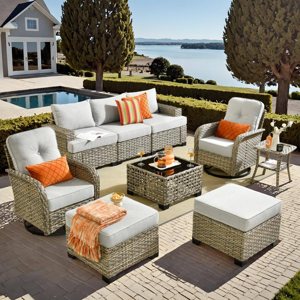 Kelleys 9-Piece Wicker Modern Outdoor Patio Conversation Sofa Set with Swivel Chairs and Light Grey Cushions price history on PriceWatchPro