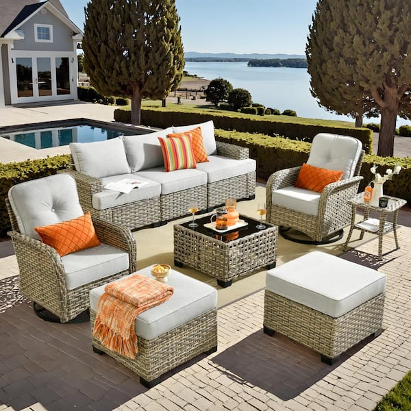 Kelleys 9-Piece Wicker Modern Outdoor Patio Conversation Sofa Set with Swivel Chairs and Light Grey Cushions