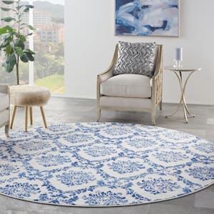Whimsicle Ivory Navy 8 ft. x 8 ft. Tribal Moroccan Contemporary Round Area Rug