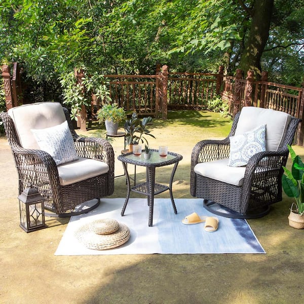 Unbranded 3-Pieces Brown ‎Wicker Outdoor Patio Conversation Set, Rocking Chair, with Beige Cushion, and Side Table, for Backyard
