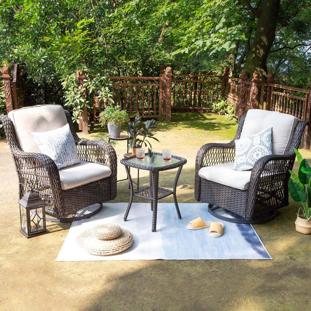 3-Pieces Brown ‎Wicker Outdoor Patio Conversation Set, Rocking Chair, wit