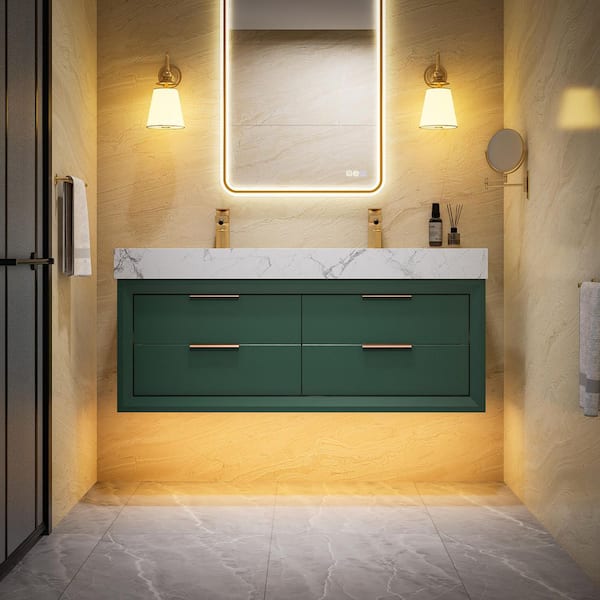 ExBrite Solidoak 48 in. W x 20.9 in. D x 21.3 in. H Double Sink Bath Vanity in Green with White Cultured Marble Top