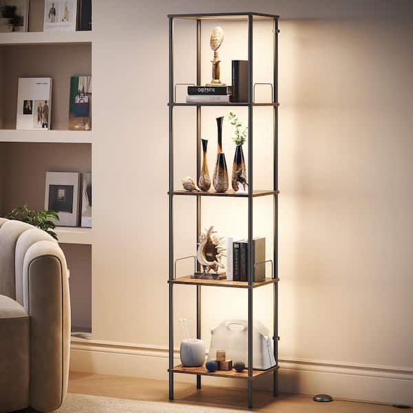 64 in. Brown Display Shelf with Dimmable Lights, Adjustable Color Temp, Display Cabinet, Column Floor Lamp with Shelves