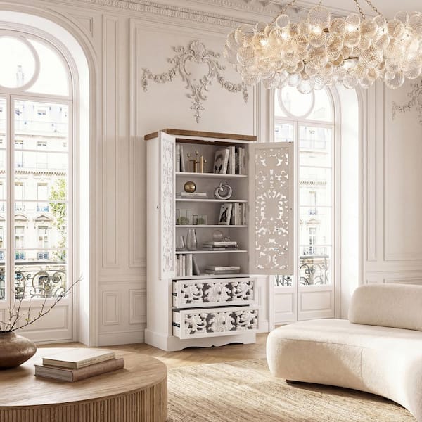 White Finish 66.1 in. Accent Storage Cabinet with 5 Shelves, Decorative Carved Doors, 2 Drawers, Anti-Tip Kit