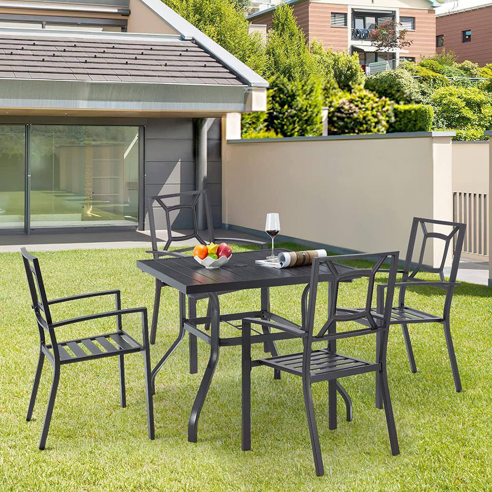 Black Steel Stackable Outdoor Dining Armchairs, Set of 6
