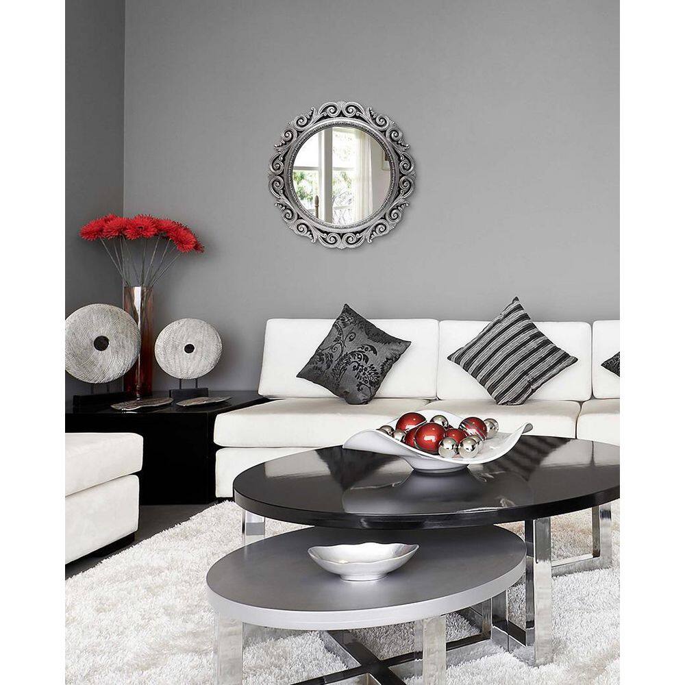 Elegant 24" Round Weathered Antique Silver Wall Mirror