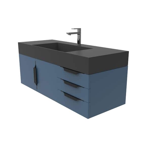 castellousa Maranon 48 in. W x 19 in. D x 19.25 in. H Single Bath Vanity in Matte Blue with Black Trim and Black Solid Surface Top