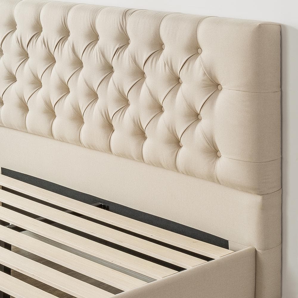 Taupe King Upholstered Platform Bed with Tufted Headboard