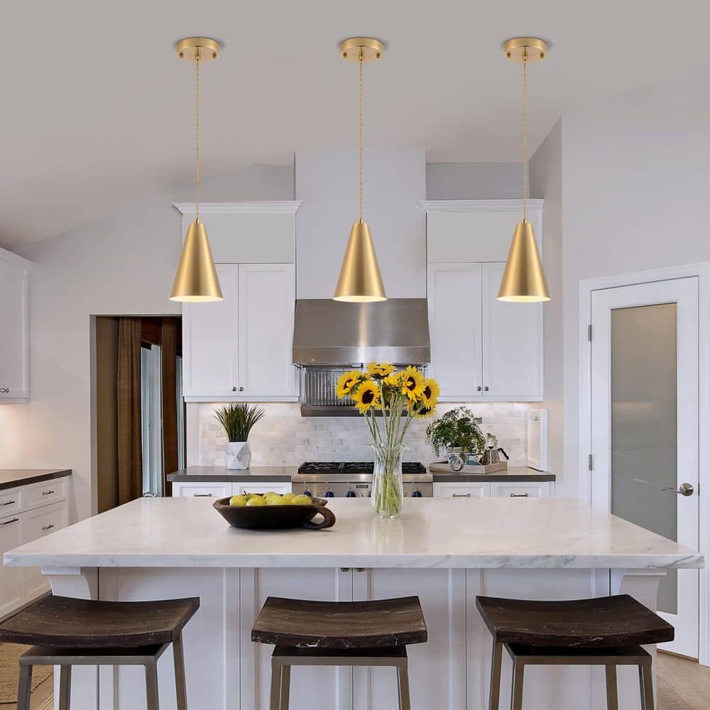 60-Watt 1-Light Gold Pendant Light with Brushed Brass Cone Metal Shade for Kitchen Island (3-Pack, Bulb Not Included) price history on PriceWatchPro