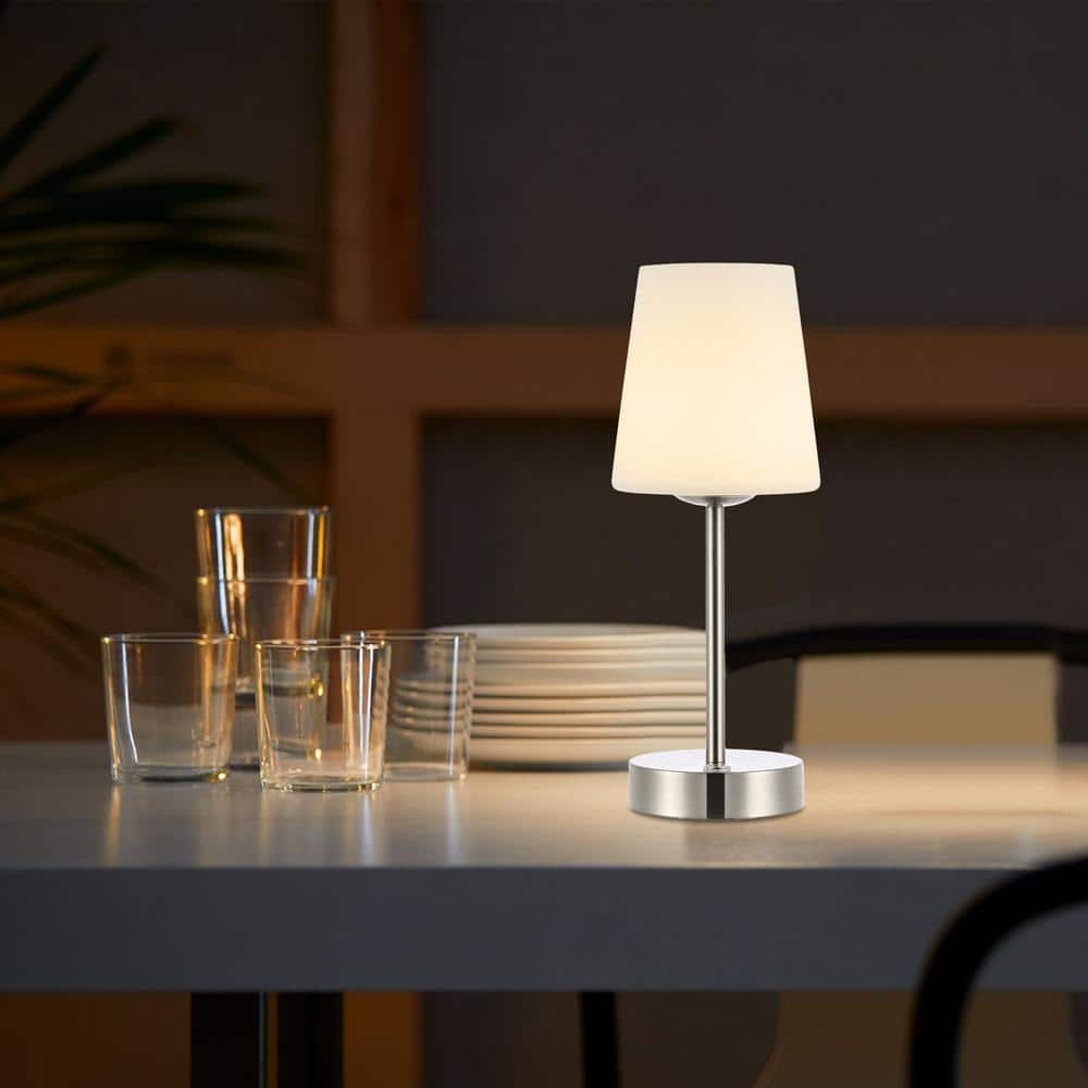 Nickel Cordless Rechargeable LED Table Lamp with Frosted Glass Shade