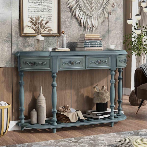 52 in. Antique Blue Curved Wood Console Table with - Drawers and 1-Shelf