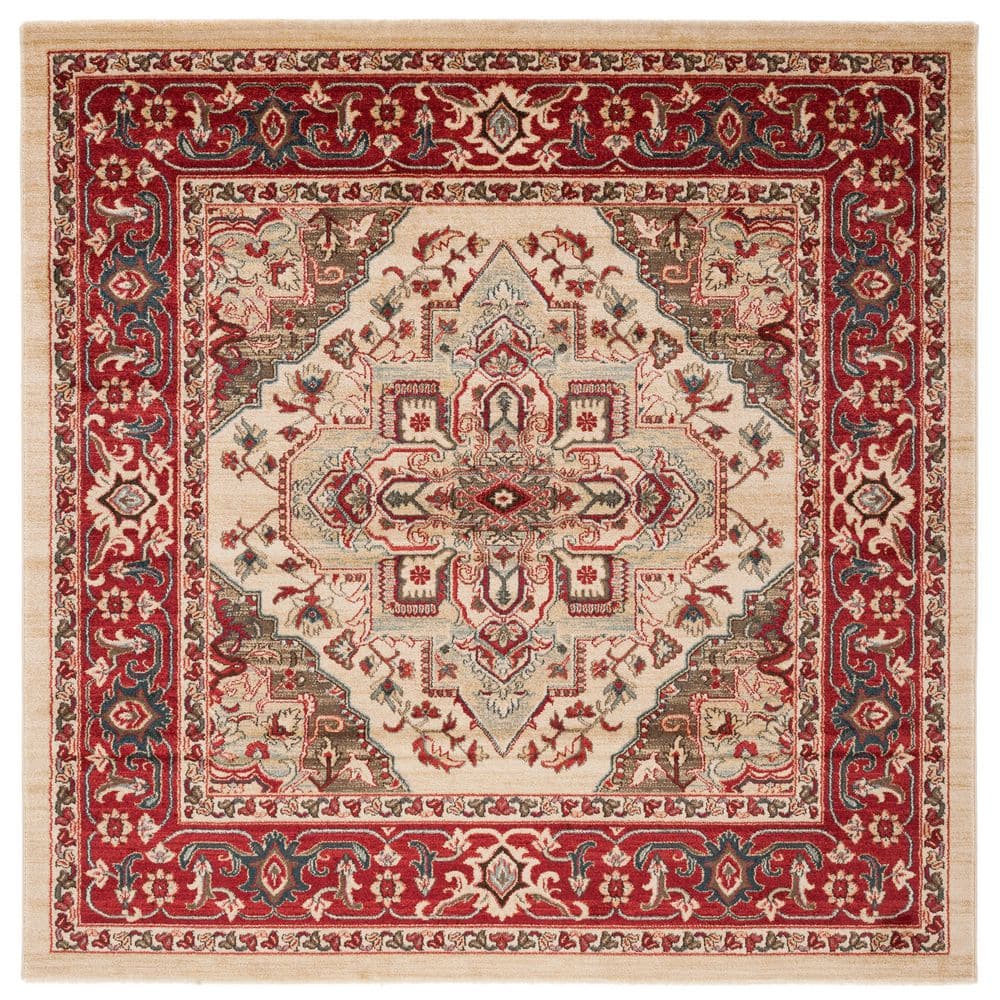 Cream and Red Synthetic Square Stain-Resistant Area Rug