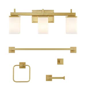 Caia 22.38 in. 3-Light Vanity Light with FrostedGlass Shades and Bathroom Hardware Accessory Set Gold Painting (5-Piece)