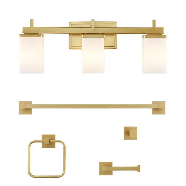 JONATHAN Y Caia 22.38 in. 3-Light Vanity Light with FrostedGlass Shades and Bathroom Hardware Accessory Set Gold Painting (5-Piece)