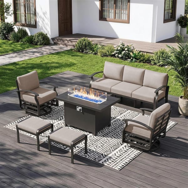 6-Piece Aluminum Patio Conversation Set with 55,000 BTU Fire Pit Table, Ottomans and Swivel Rocking Chairs, Sand Cushion