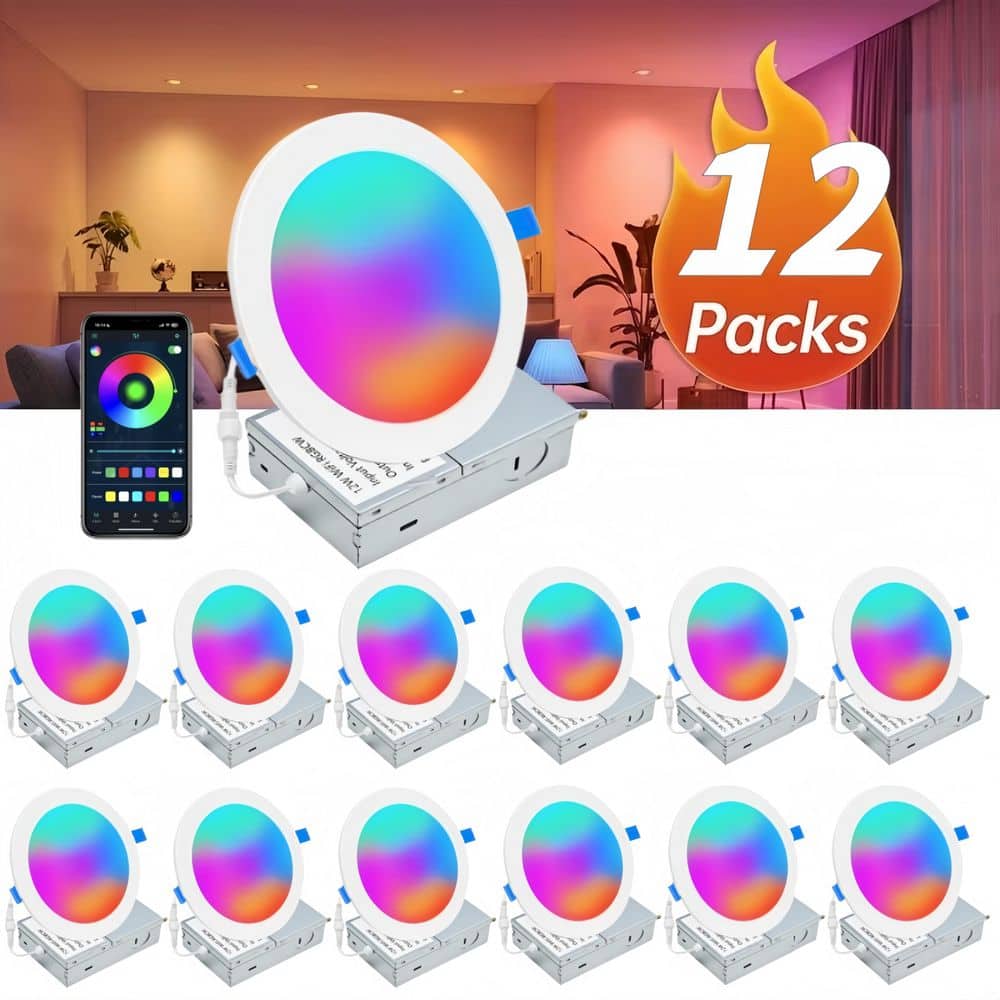 6 in. Integrated LED Recessed Light RGBCW Color Changing Dimmable Downlight w/Junction Box Smart App Control (12-Pack) price history on PriceWatchPro