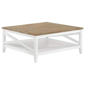 Maisy 39.25 in. Brown and White Square Wooden Coffee Table with Shelf