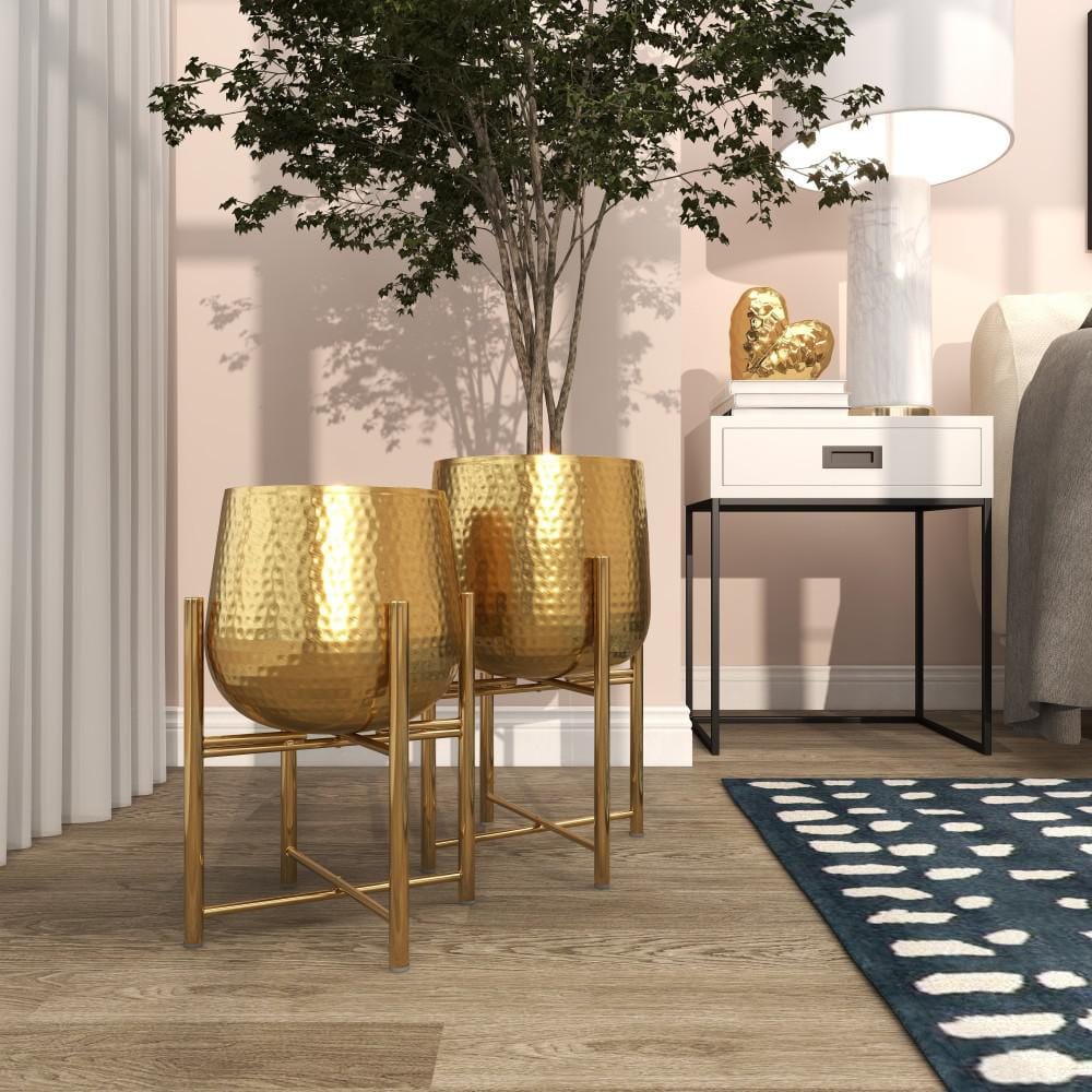 Contemporary Gold Metal Indoor Planter with X-Shaped Stand, 17" Height