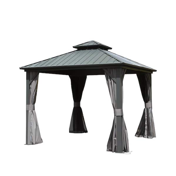 Unbranded Grey 8 ft. x 8 ft. Hardtop Gazebo, Aluminum Gazebo with Galvanized Steel Double Roof Canopy, Curtain and Netting