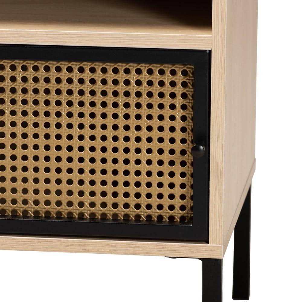 Felton Two-Tone Black Gold Metal and Light Brown Wood End Table with Storage