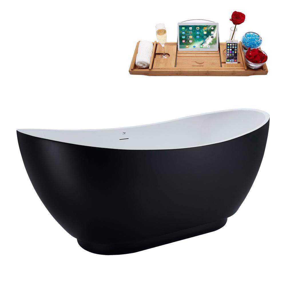 62'' Matte Black Freestanding Acrylic Soaking Bathtub with Tray