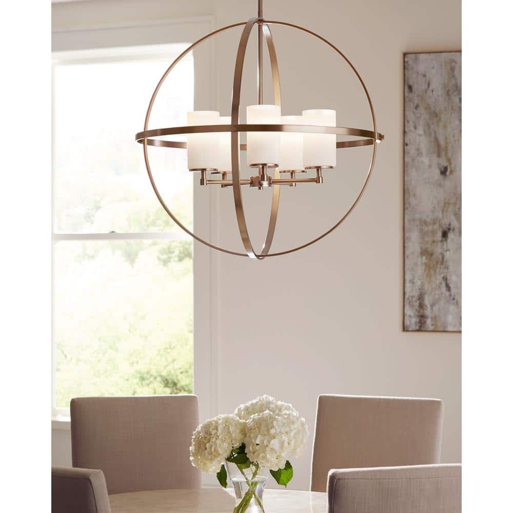 Elegant Satin Brass 5-Light Chandelier with White Glass Shades