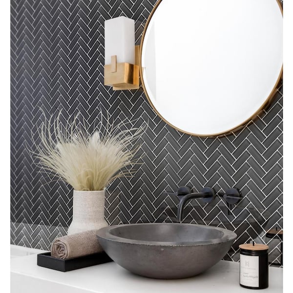 Ash Gray 11 in. x 12.6 in. Herringbone Polished Glass Mosaic Tile (4.81 sq. ft./Case)