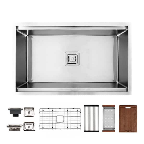 32 in. Stainless Steel Single Bowl Undermount Workstation Sink with Center Square Drain and Accessories