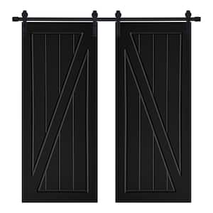 56 in. x 80 in. Modern ZFRAME Designed MDF Panel Black Painted Double Sliding Barn Door with Hardware Kit