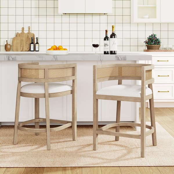 33.5 in. H Natural Ash Low Back Rubber Wood Bar Stool with Fabric Upholstered Seat (Set of 2)