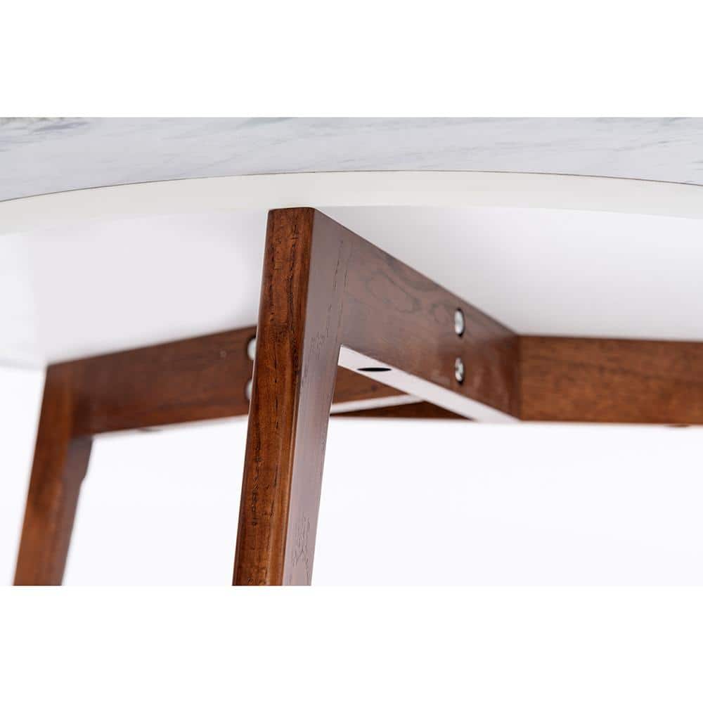 Cherie 19" Round White Marble and Elm Wood Side Table