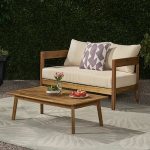 2-Piece Wood Patio Conversation Set with Beige Cushions