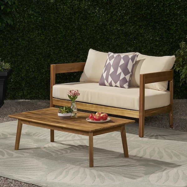 maocao hoom 2-Piece Wood Patio Conversation Set with Beige Cushions