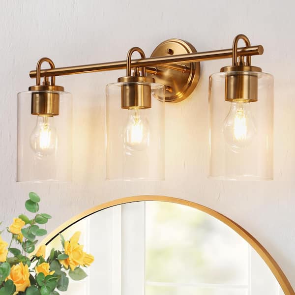 LNC Modern Plated Brass Bathroom Vanity Light 22 in. 3-Light Classic Decorative Wall Sconce with Cylinder Clear Glass Shades
