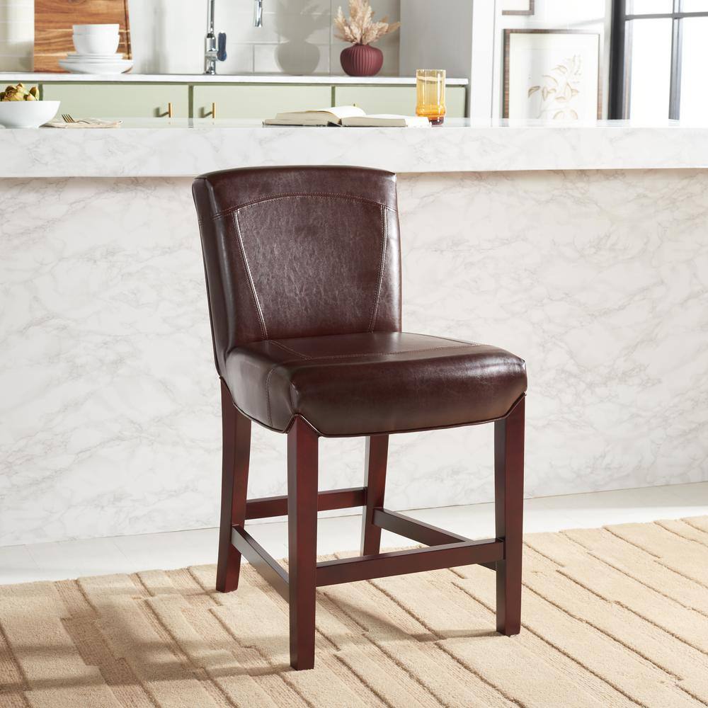 Brown Leather and Wood Parsons Counter Stool