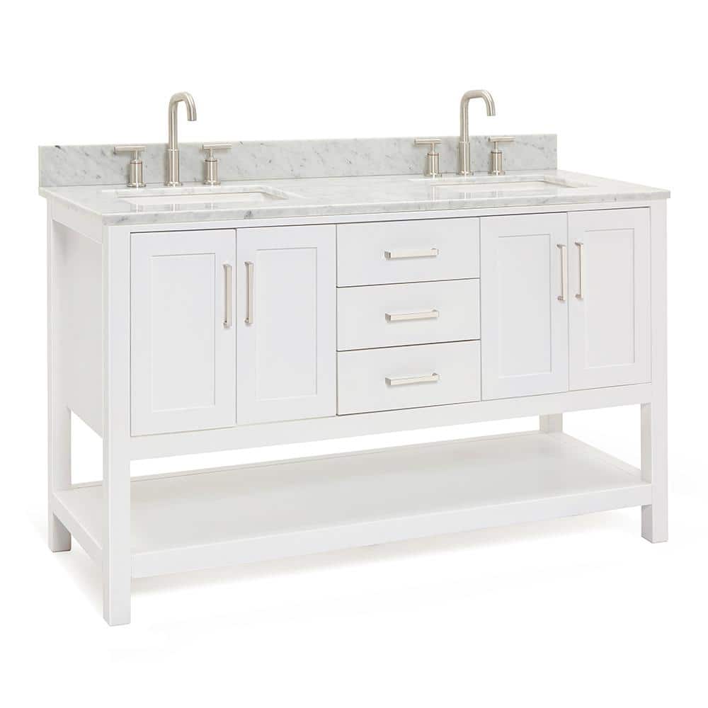 Magnolia 61" White Double Basin Freestanding Vanity with Carrara Top