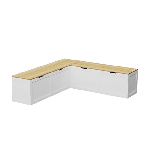 63 in. W x 17.7 in. H White and Wood Grain Wooden Shoe Storage Bench, Reading Corner Storage Bench with 2-Compartments
