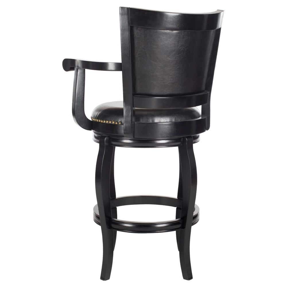 Transitional Black Leather Swivel Bar Stool with Bronze Nailhead Trim