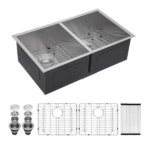 33 in. x 19 in. Double Bowl (50/50) 16 Gauge Stainless Steel Undermount Kitchen Sink with Bottom Grids