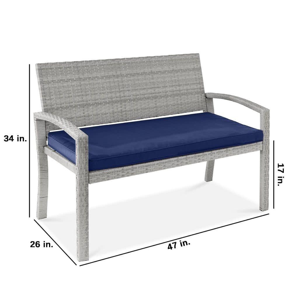 Gray Wicker 2-Person Outdoor Bench with Navy Cushion