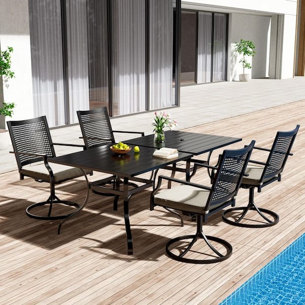 6-Piece Metal Outdoor Dining Set, Swivel Rockers with Beige Cushion, Steel Tables, Umbrella Holes, Rust-Resistant