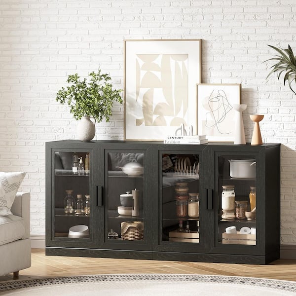 Set of 2 Black 31 in. H Bathroom Storage Cabinet with Crystal Clear Glass Doors Shoe Storage Cabinet